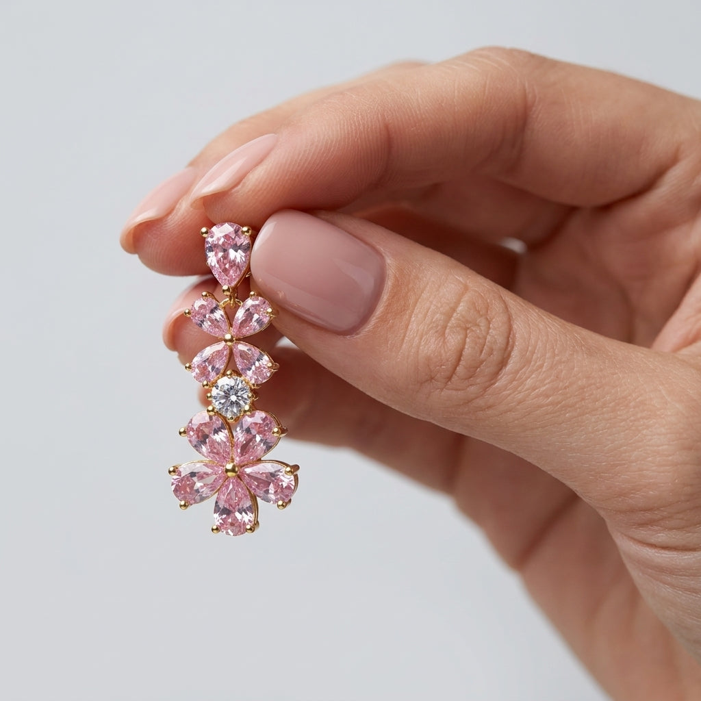 925 Silver Dangling Floral Earrings With Pink Stones - Gold Plated