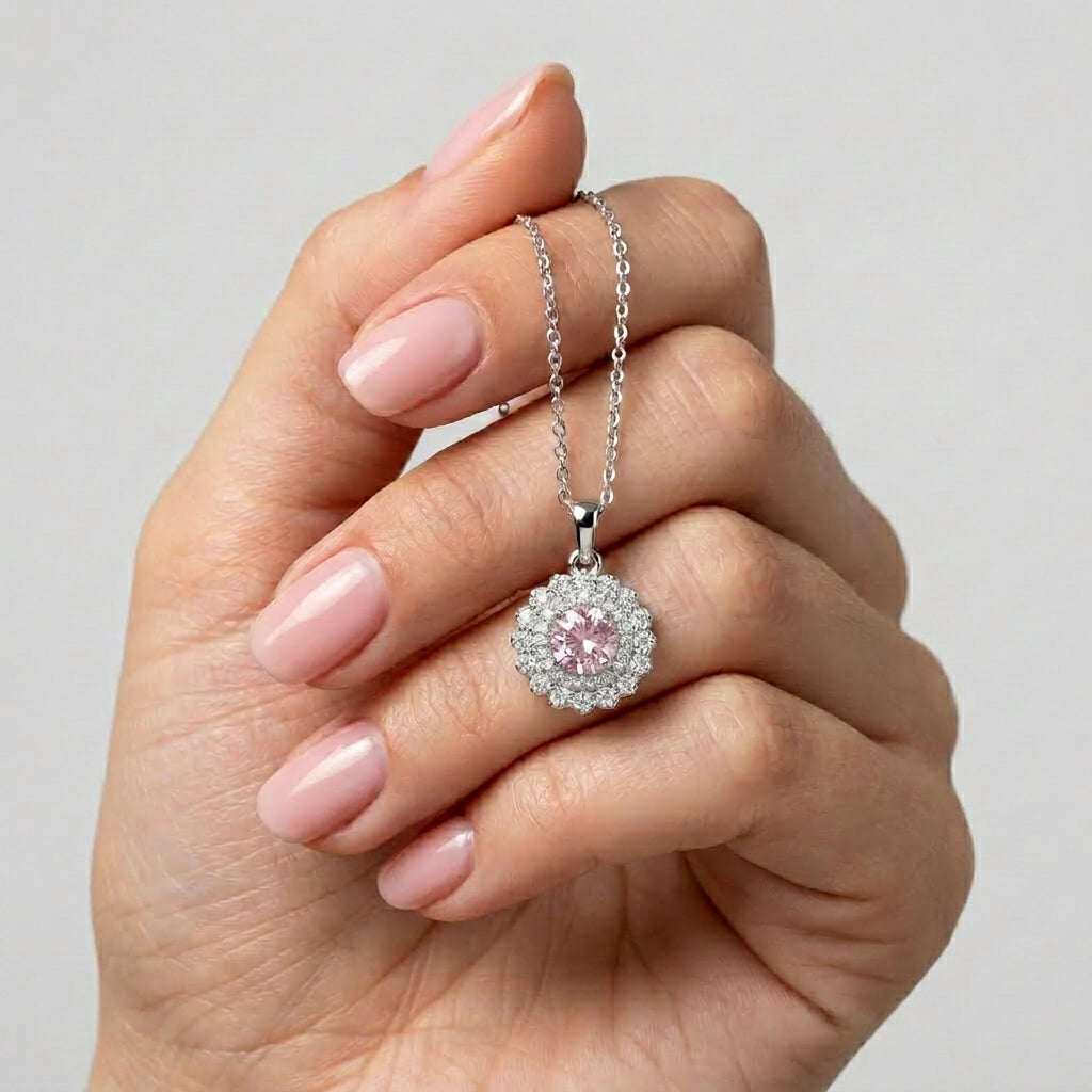 Pink Flower Necklace With Zircon 925 Silver