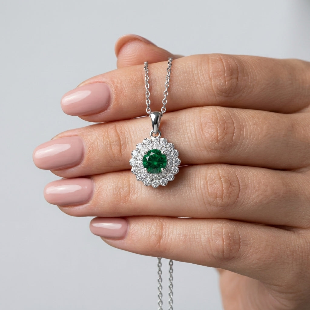 Green Flower Necklace With Zircon 925 Silver