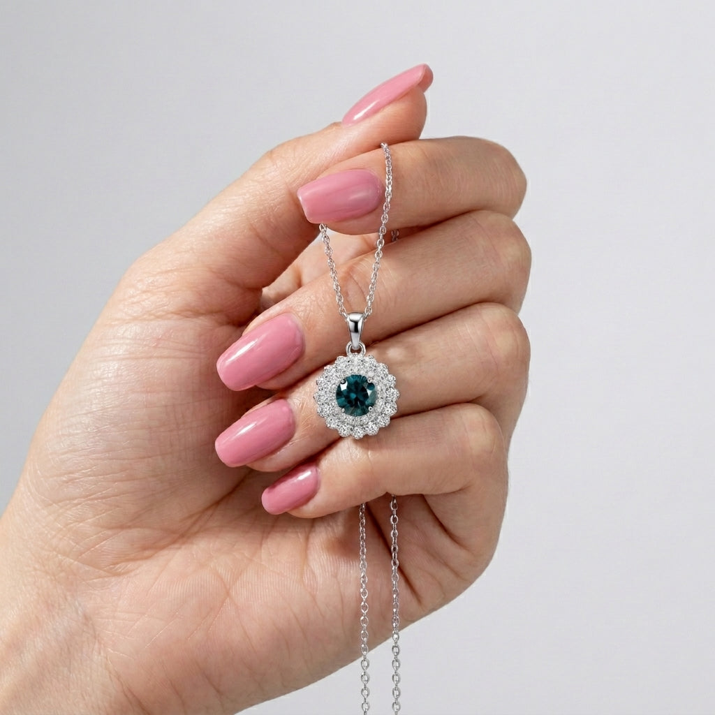 Dark Blue Flower Necklace With Sparkling Zircon 925 Silver