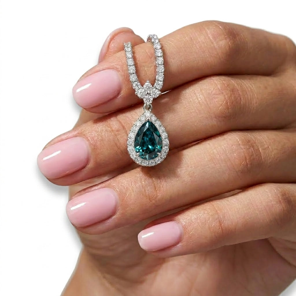 925 Silver Tennis Necklace with Blue Teardrop Pendant
