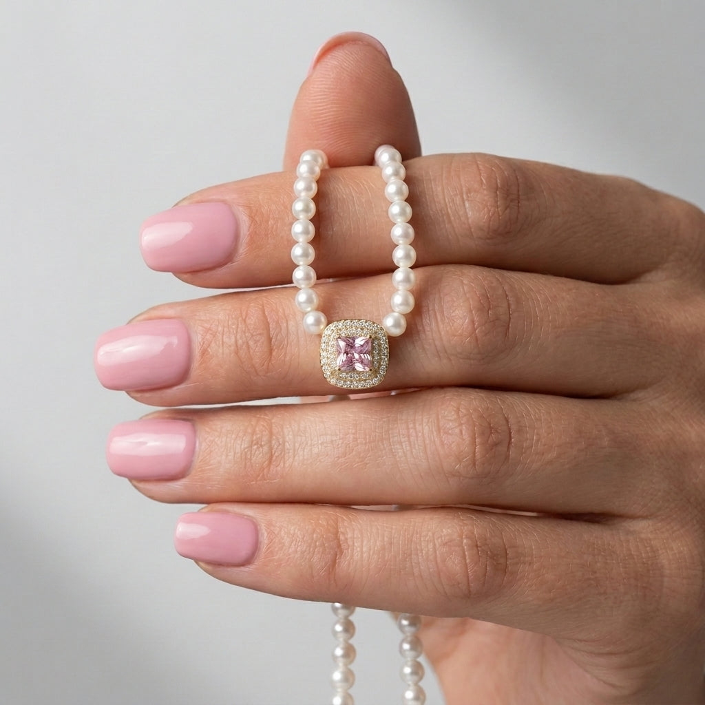 925 Silver Necklace with Sparkling Pink Stone & Pearl