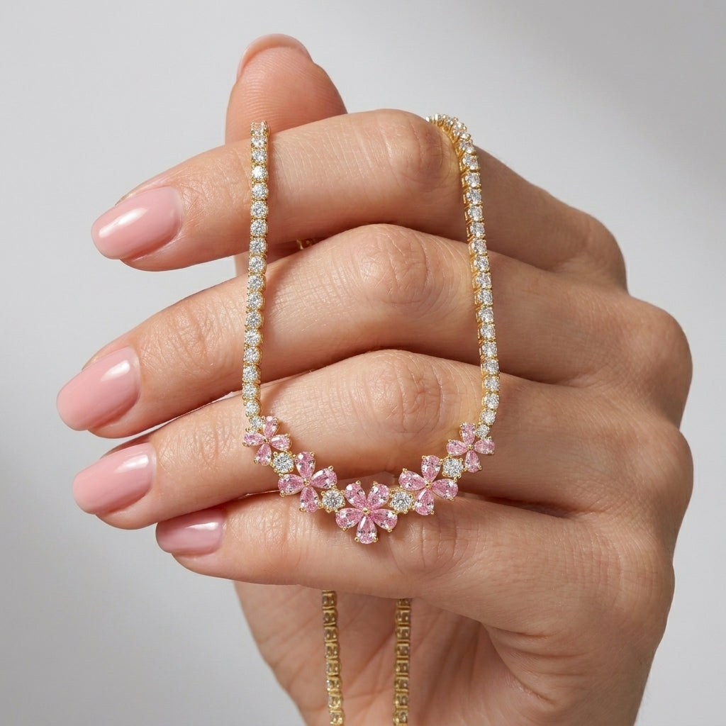 925 Silver Soft Pink Flower Necklace – Gold Plated