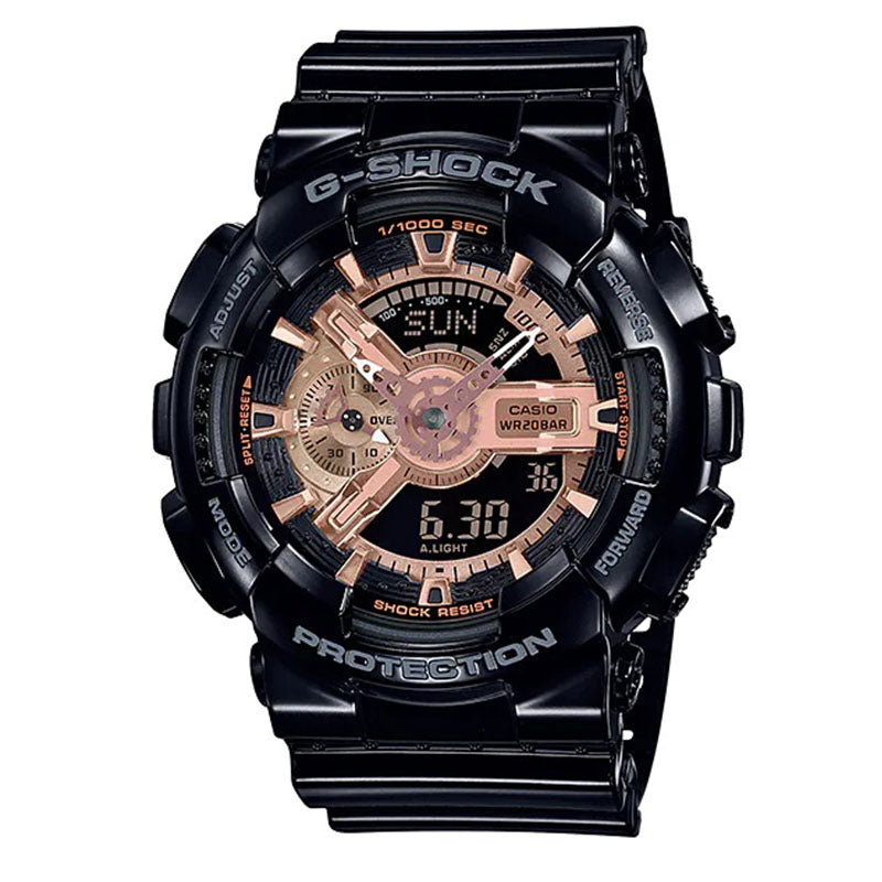 GA-110MMC-1ADR – ساعة كاسيو جي شوك كرونوغراف رقمية وتناظرية للرجال بسوار رزين وهيكل أسود ولمسات ذهبي وردي