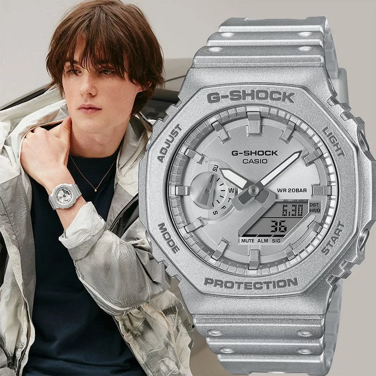 GA-2100FF-8ADR – ساعة يد كاسيو جي شوك أنالوج رقمية فضية بإصدار خاص وتصميم معدني مقاوم للصدمات للرجال