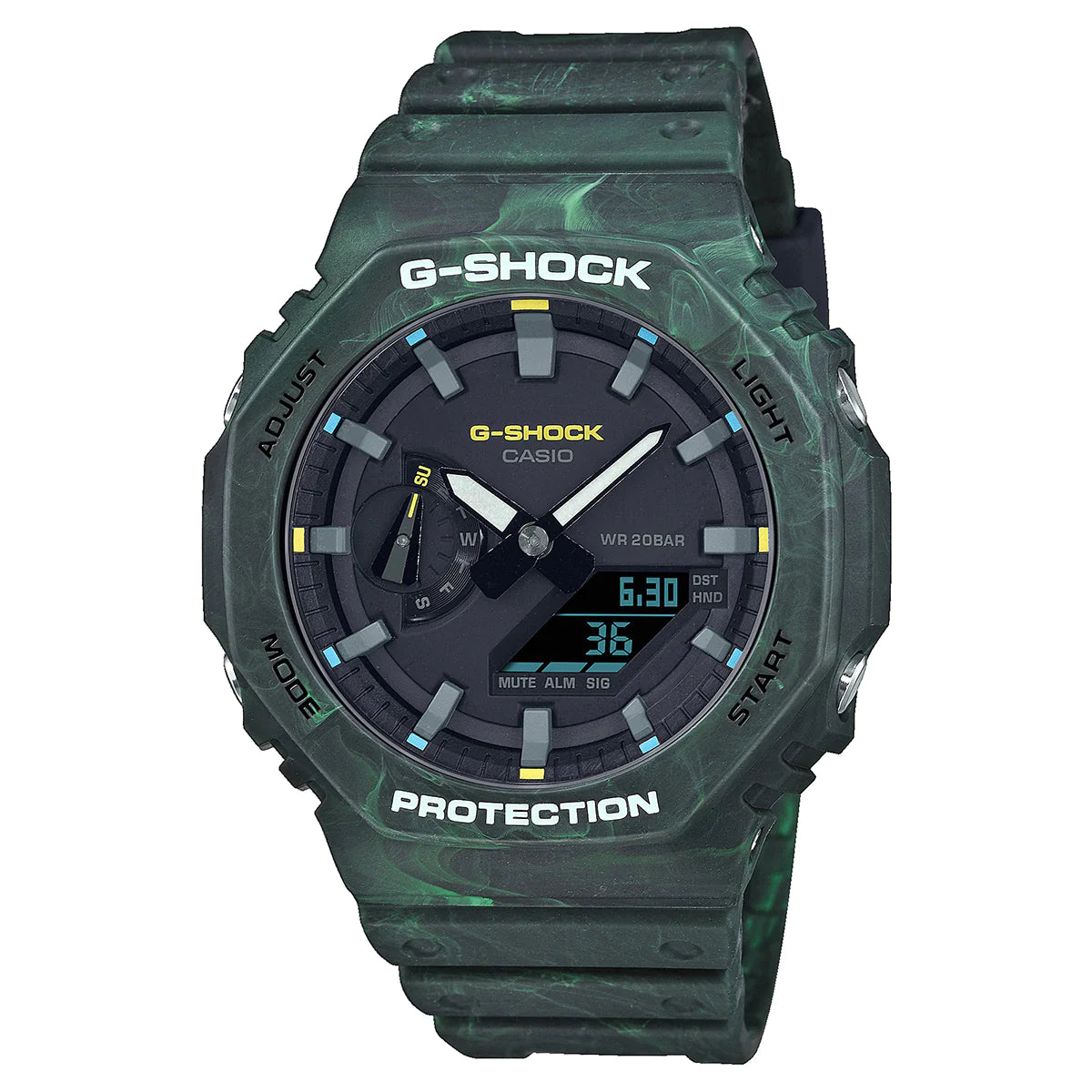 GA-2100FR-3ADR - ساعة يد كاسيو جي شوك أنالوج ديجيتال بعلبة خضراء مموهة وسوار ريزين للرجال