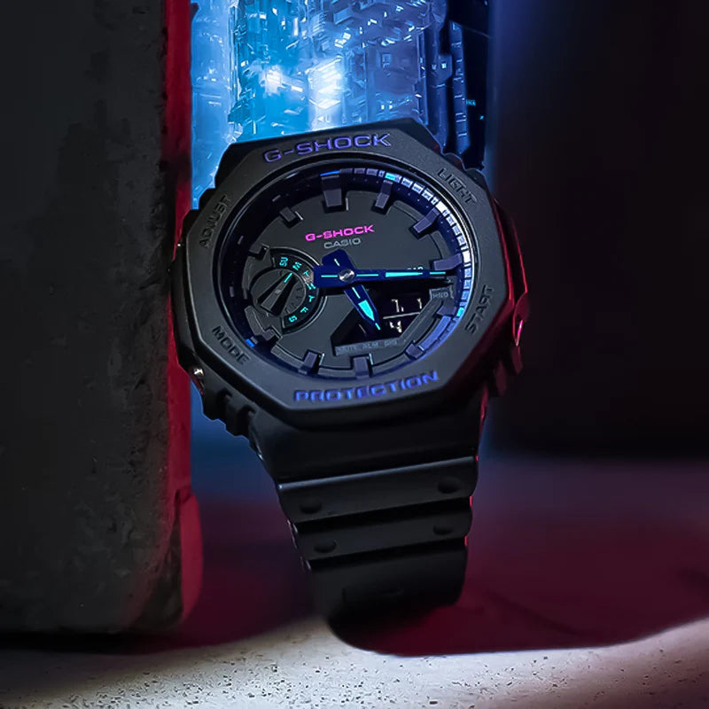 GA-2100VB-1ADR – ساعة يد كاسيو جي شوك ديجيتال أنالوج مقاومة للصدمات بسوار رزين وتصميم بنفسجي مميز للرجال