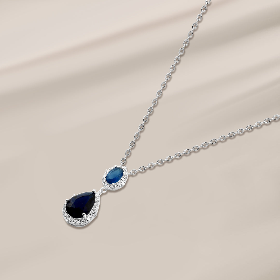 925 Silver Necklace with a Blue Stone and Blue Teardrop