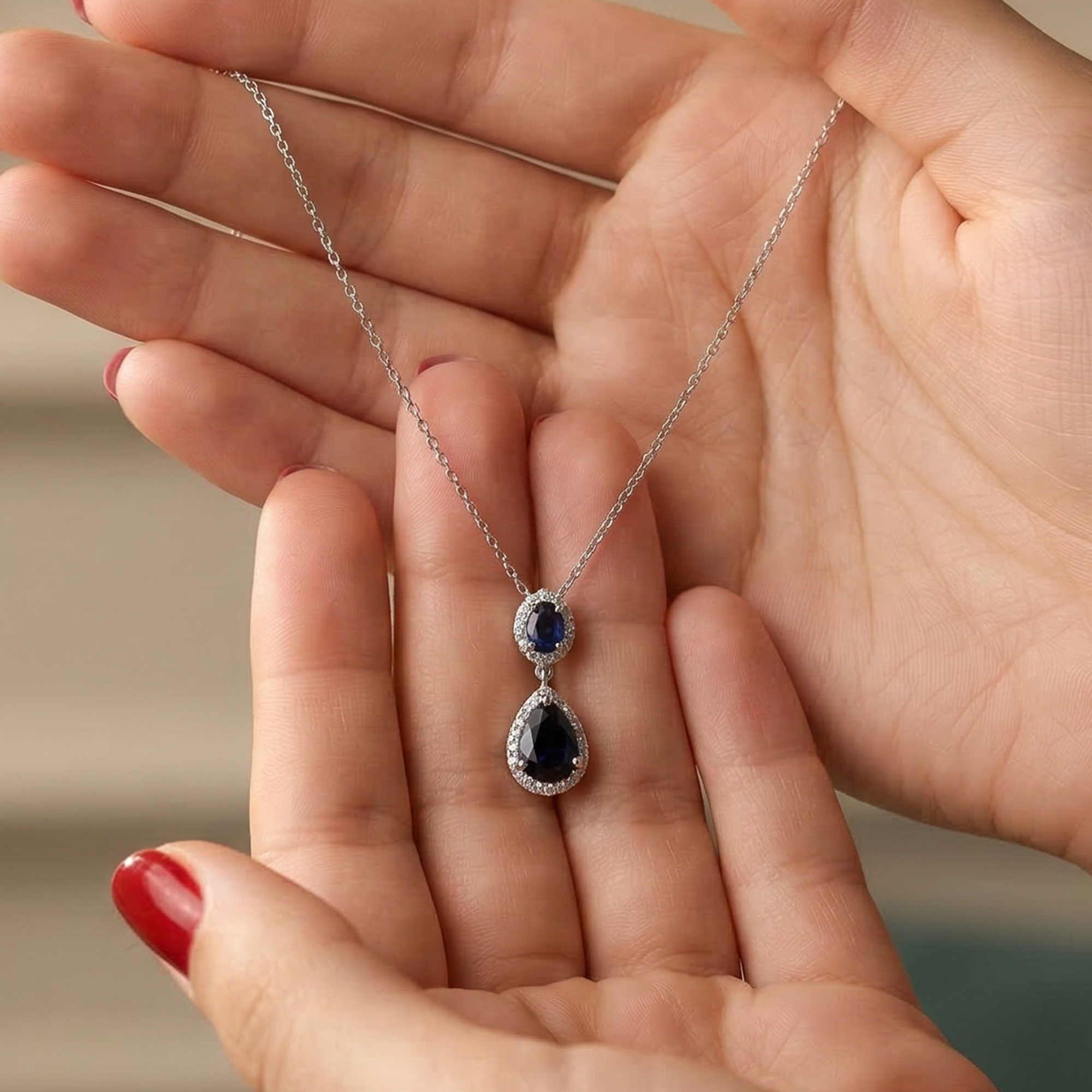 925 Silver Necklace with a Blue Stone and Blue Teardrop