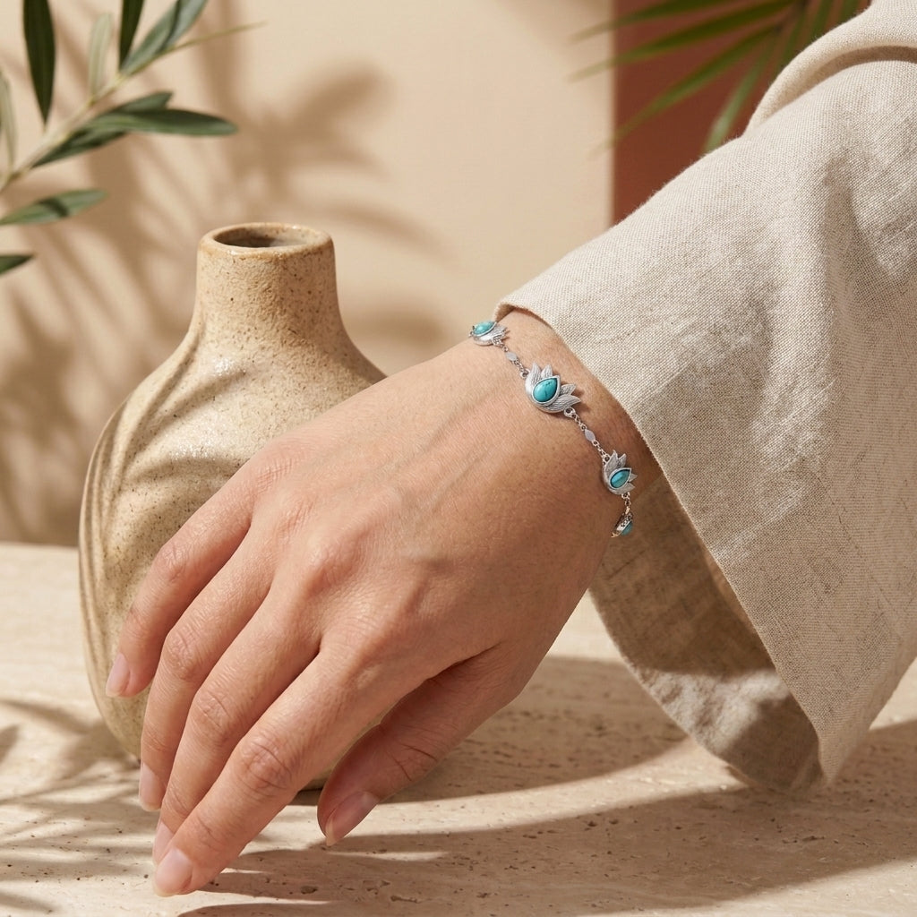 925 Silver Ancient Egyptian Lotus Flowers Bracelet with Turquoise Stones