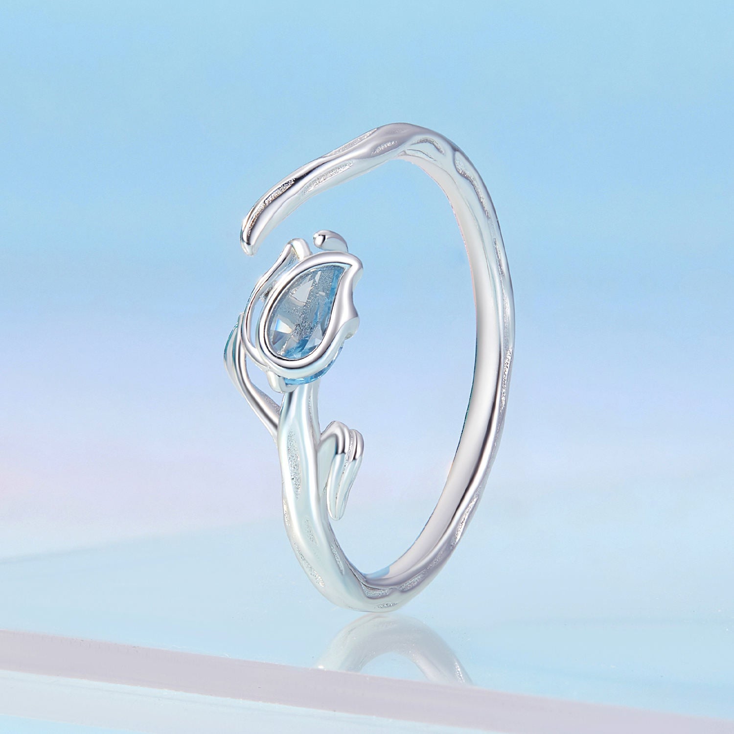 Blue Tulip Flower Ring – 925 Silver