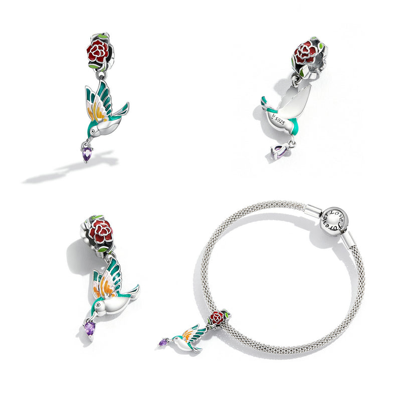 دلاية طائر ملون مع وردة وحجر بنفسجي فضة عيار 925