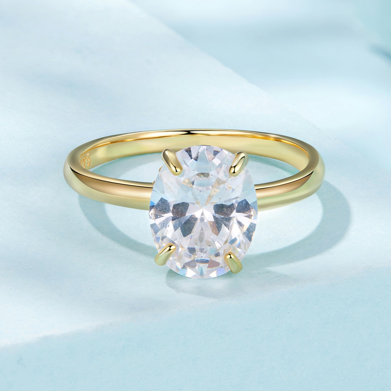 خاتم فص بيضاوي فضة عيار 925 - مطلي ذهب