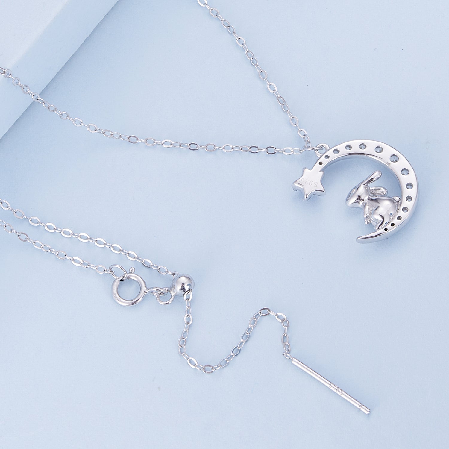 925  Silver Crescent Moon Necklace with a Gem-Studded Design and Rabbit