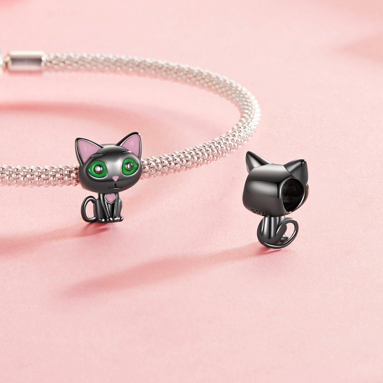 Silver Cat Charm with Green Eyes