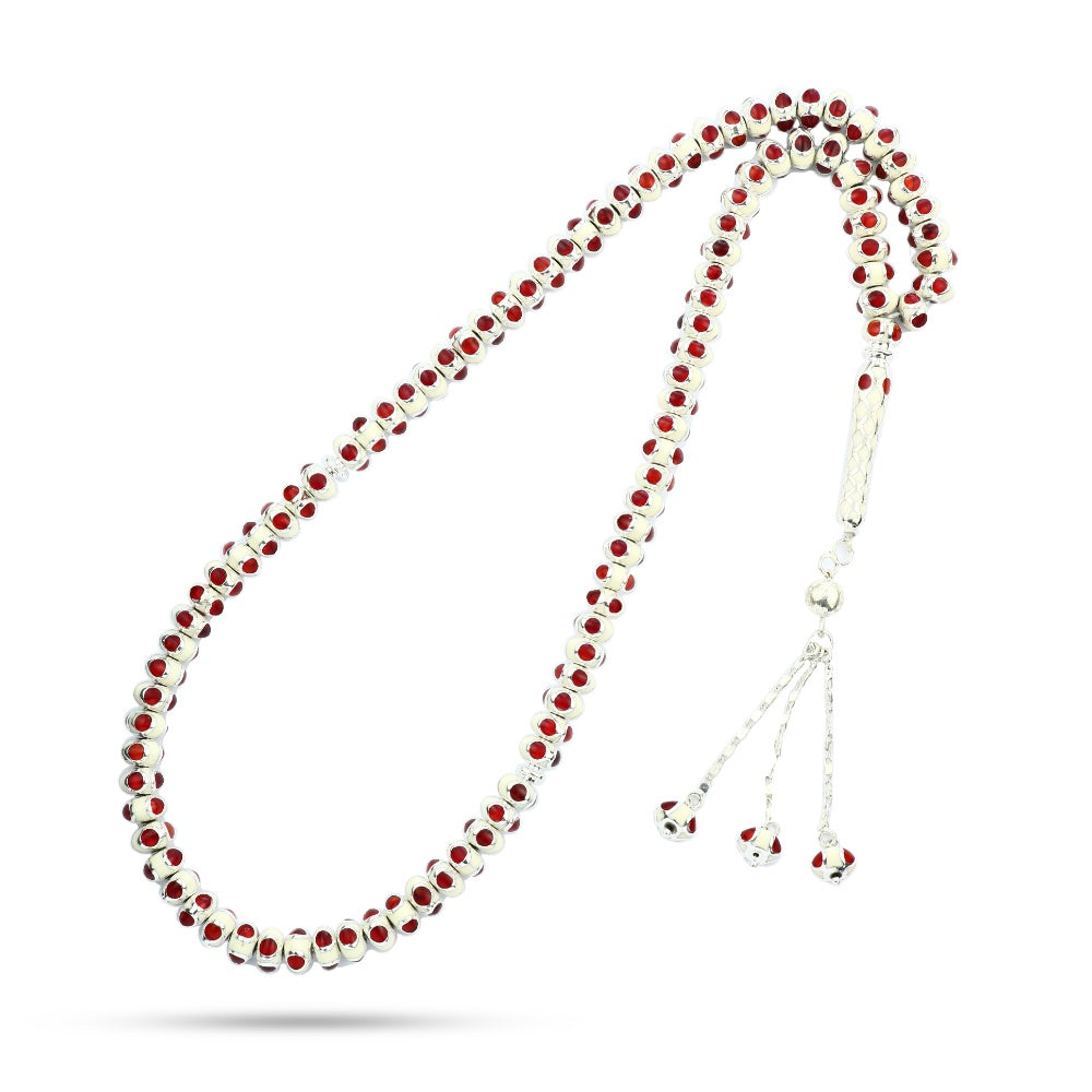 HROS01-S5 - سبحه من اليسر الطبيعي مطعمة بالفضة و الياقوت و العاج , 99حبة