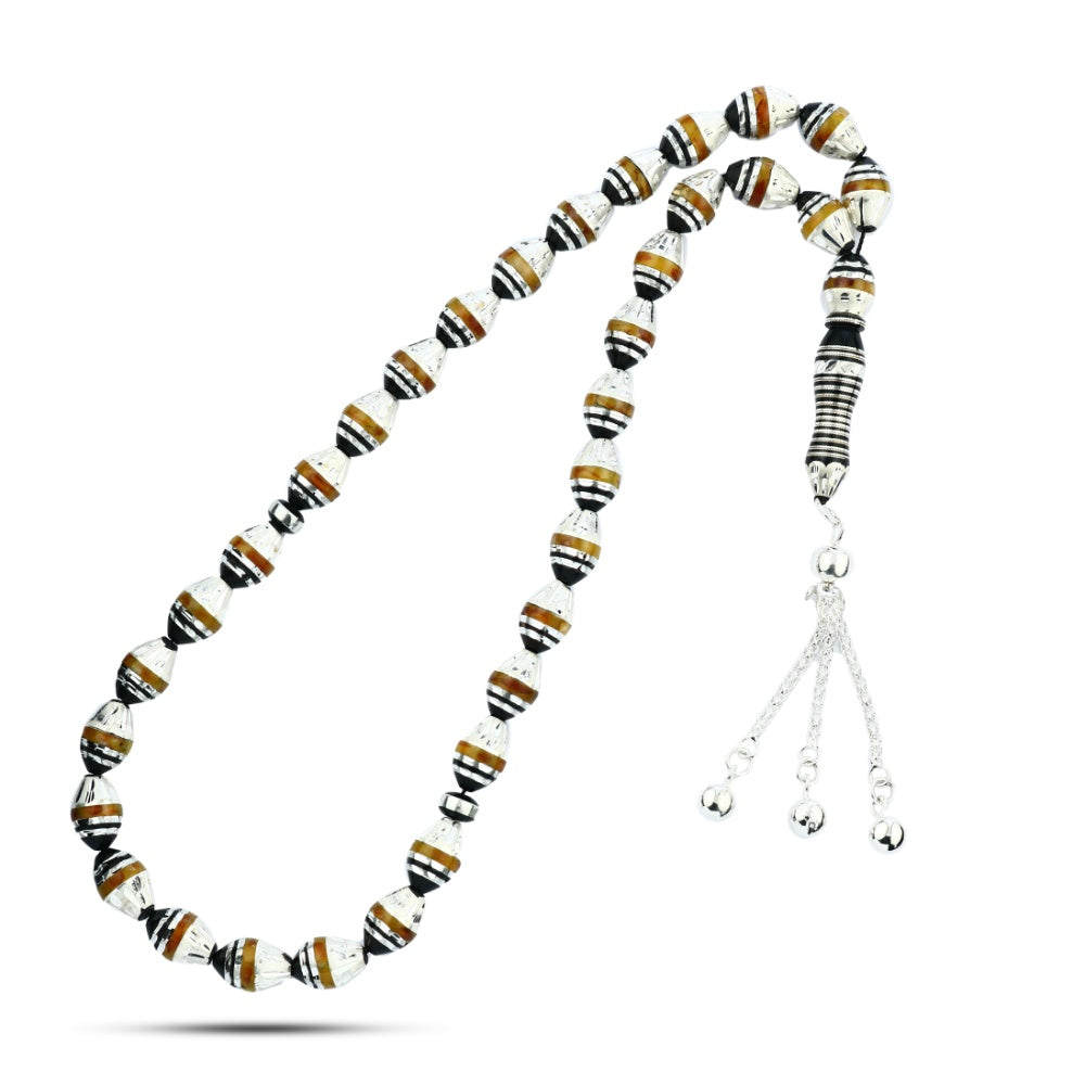 HROS07-S1 - سبحه من اليسر الطبيعي مطعمة بالفضة والكهرمان , 33حبة