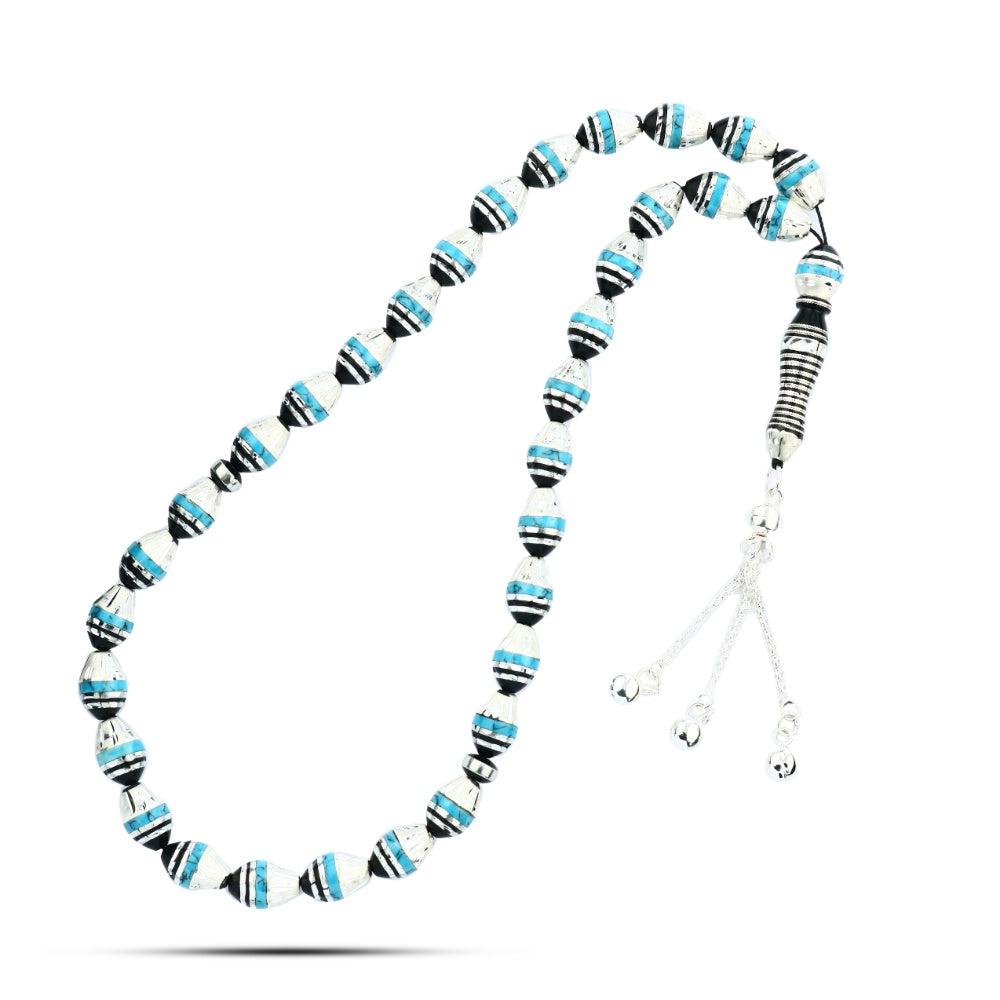 HROS07-S3 - سبحه من اليسر الطبيعي مطعمة بالفضة والفيروز , 33حبة