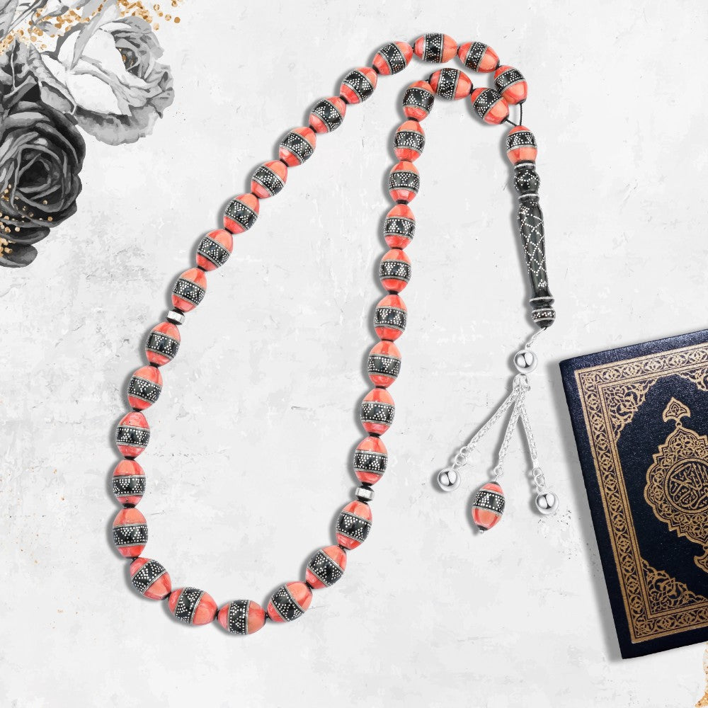 Luxury black coral rosary inlaid with natural fungi, 33 beads