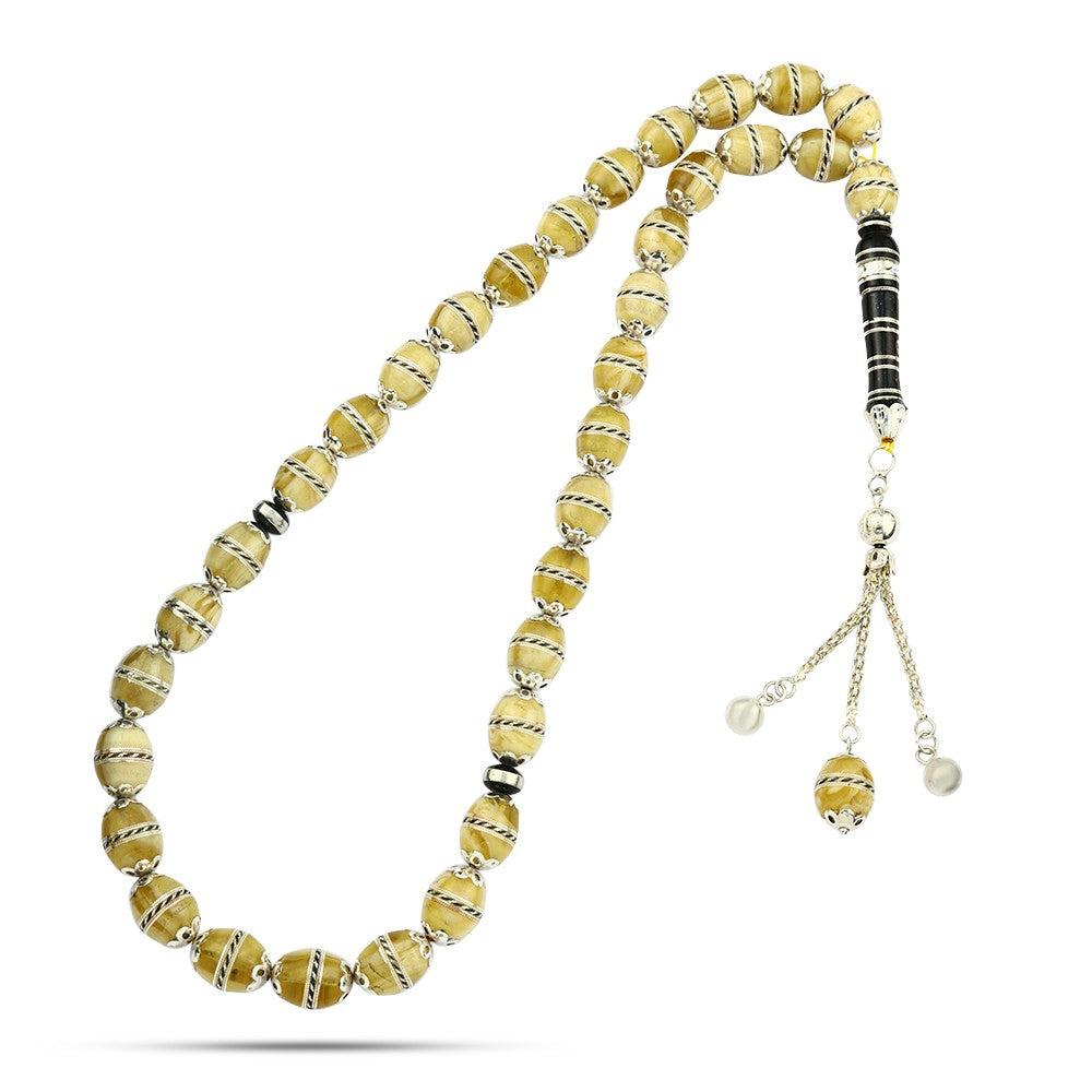 Natural yew rosary inlaid with amber and a silver tarboosh, 33 beads