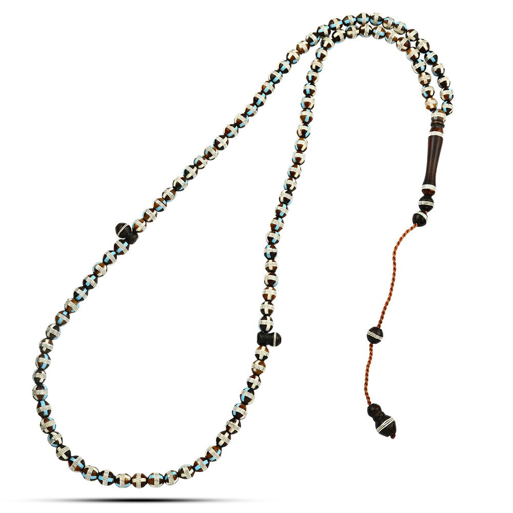 سبحه من الكوك الفاخر مطعمة بالفضة والفيروز, 99حبة
