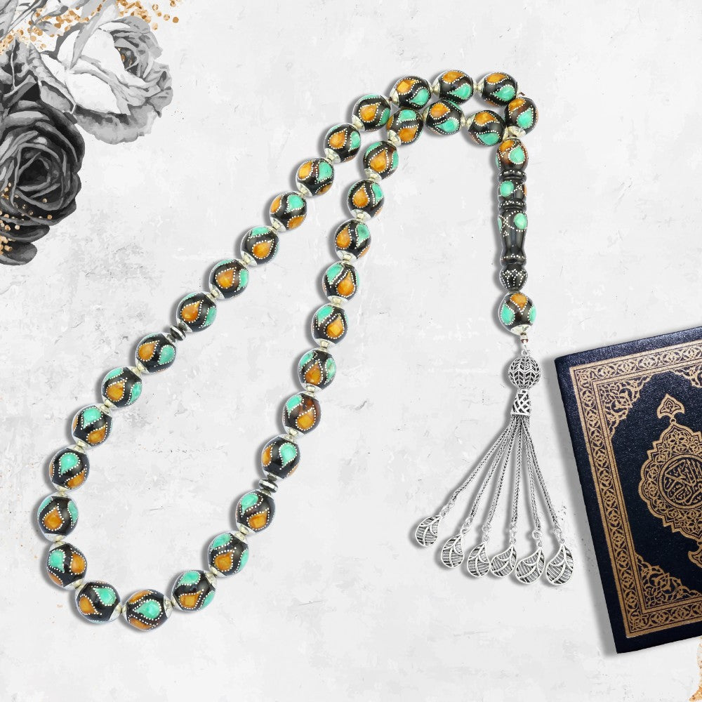 Kuk rosary, inlaid with silver and fungi, 33 beads