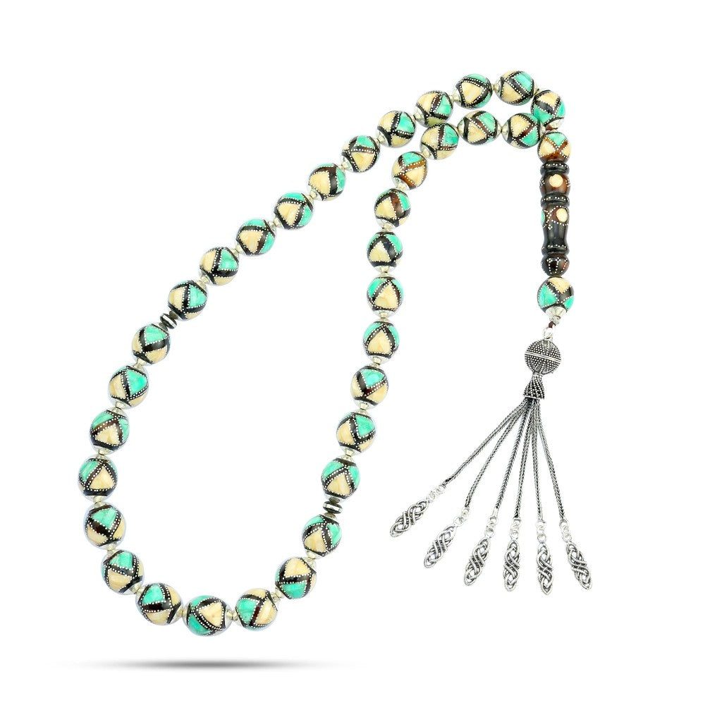 Rosary made of coke inlaid with silver, natural ivory and turquoise, 33 beads