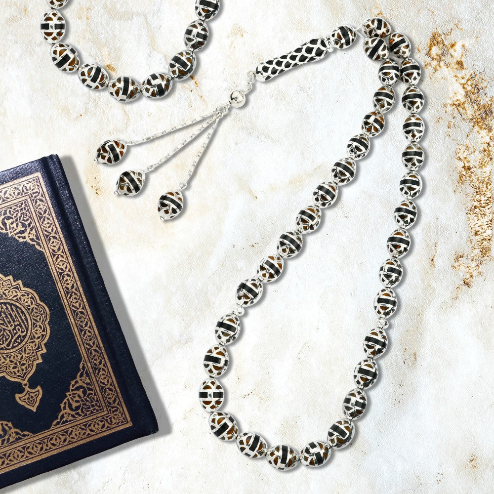 Silver prayer beads inlaid with amber, 33 beads