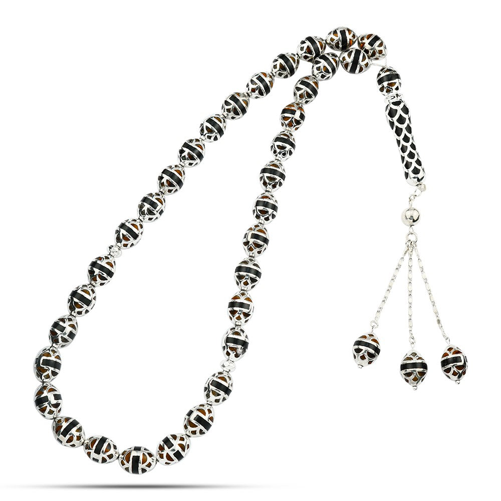 Silver prayer beads inlaid with amber, 33 beads