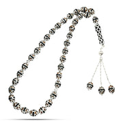 Silver prayer beads inlaid with amber, 33 beads