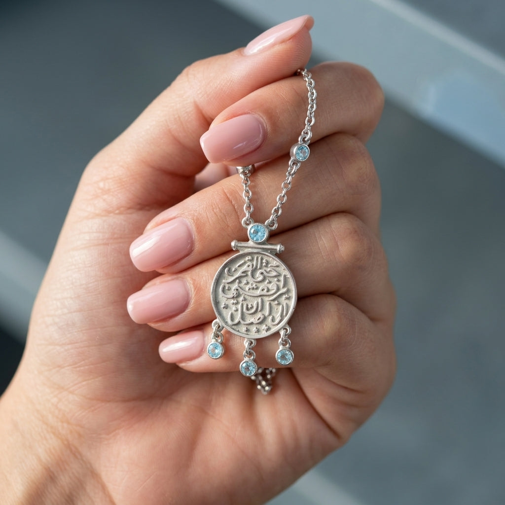 Necklace "Hatta Al Qamar Yorafekni Ela An Asel" with Aquamarine Stones 925 Silver