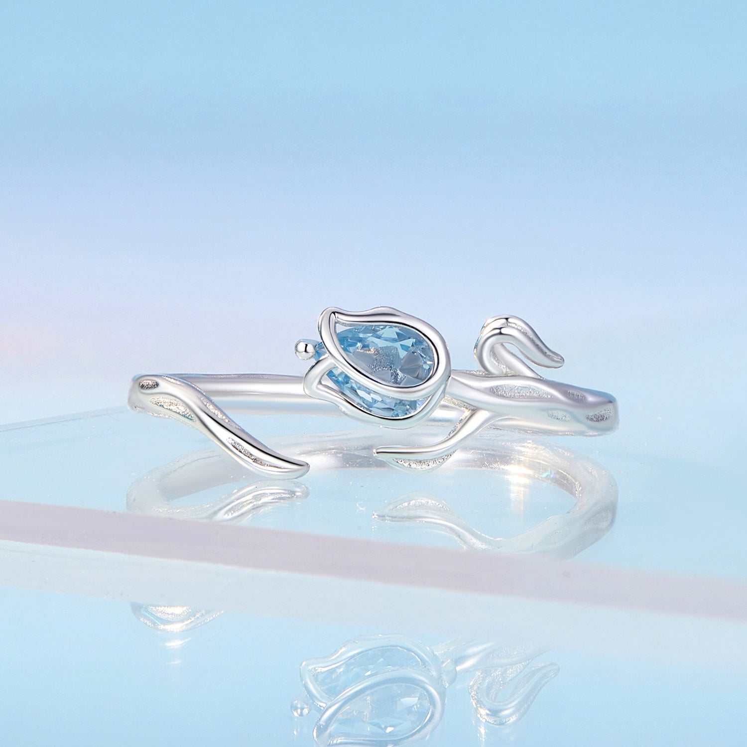 Blue Tulip Flower Ring – 925 Silver