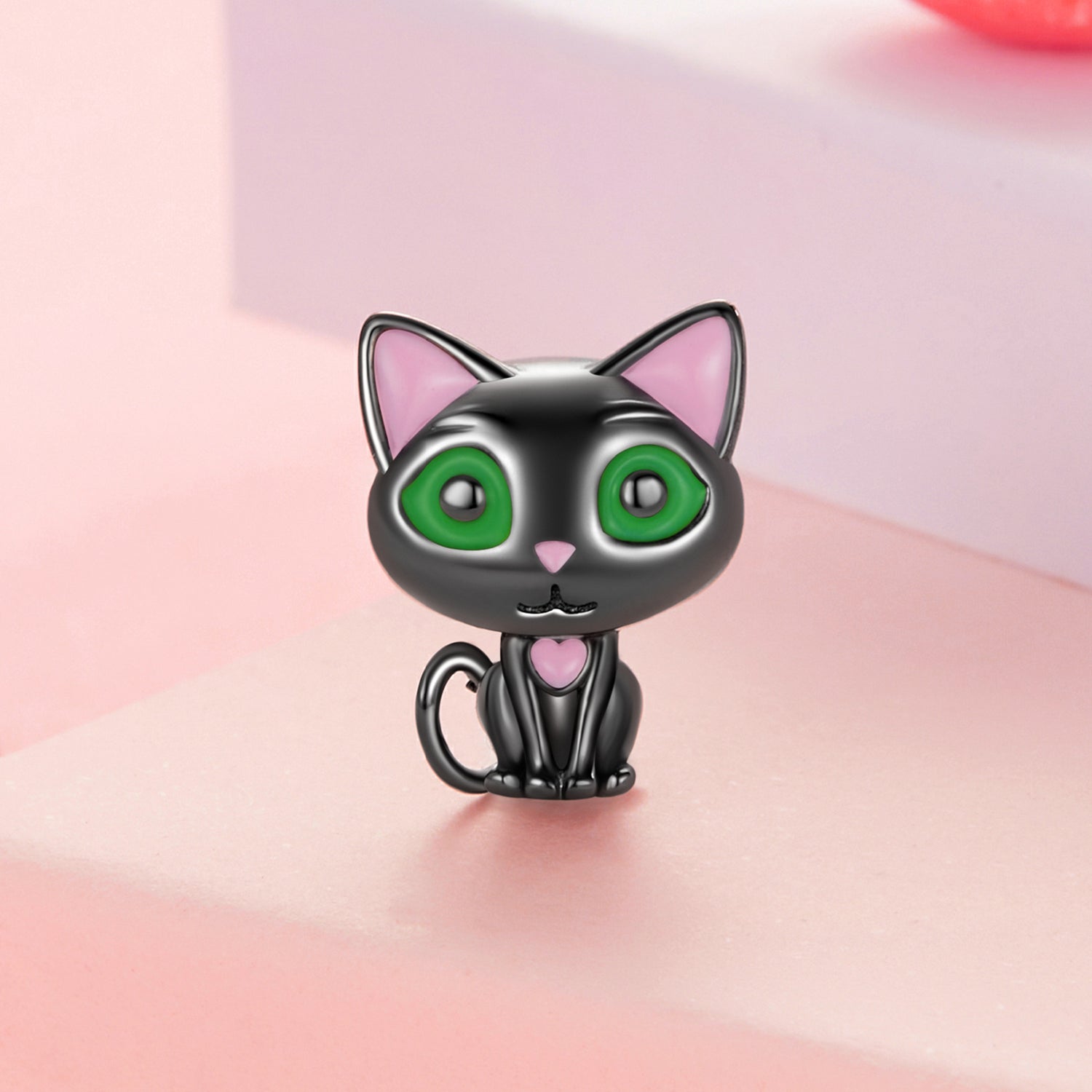 Silver Cat Charm with Green Eyes