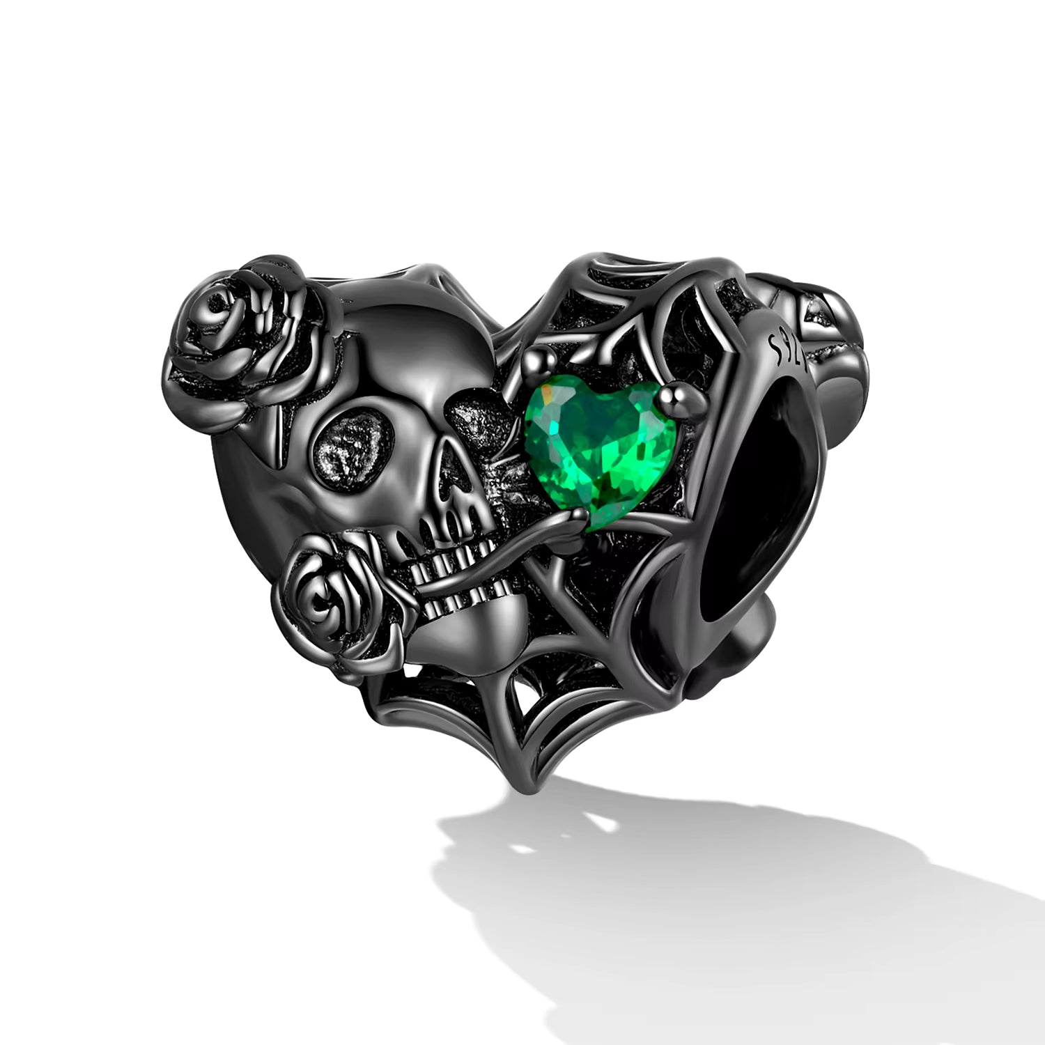925 Silver Skull Charm with Green Heart Stone