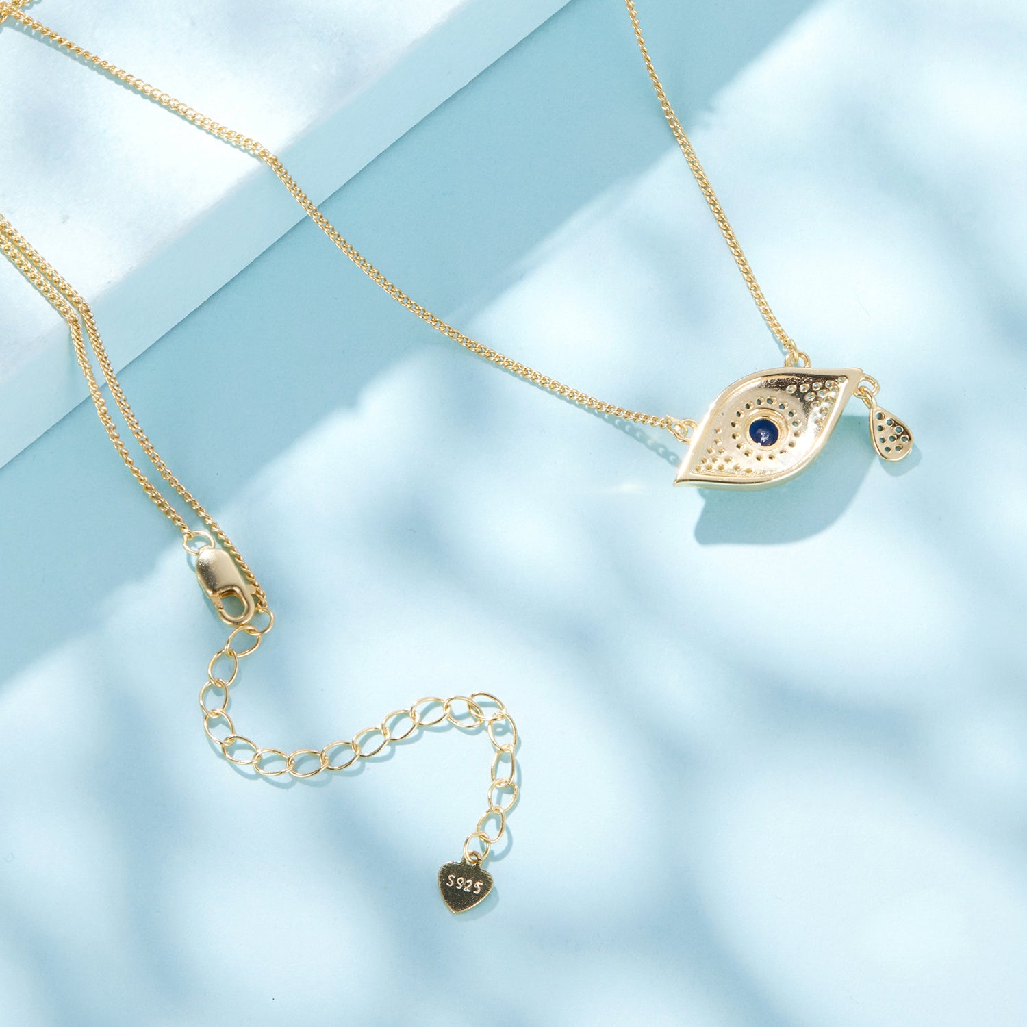 Evil Eye Necklace with Round Blue Stone and Turquoise Accents – 925 Silver Gold Plated