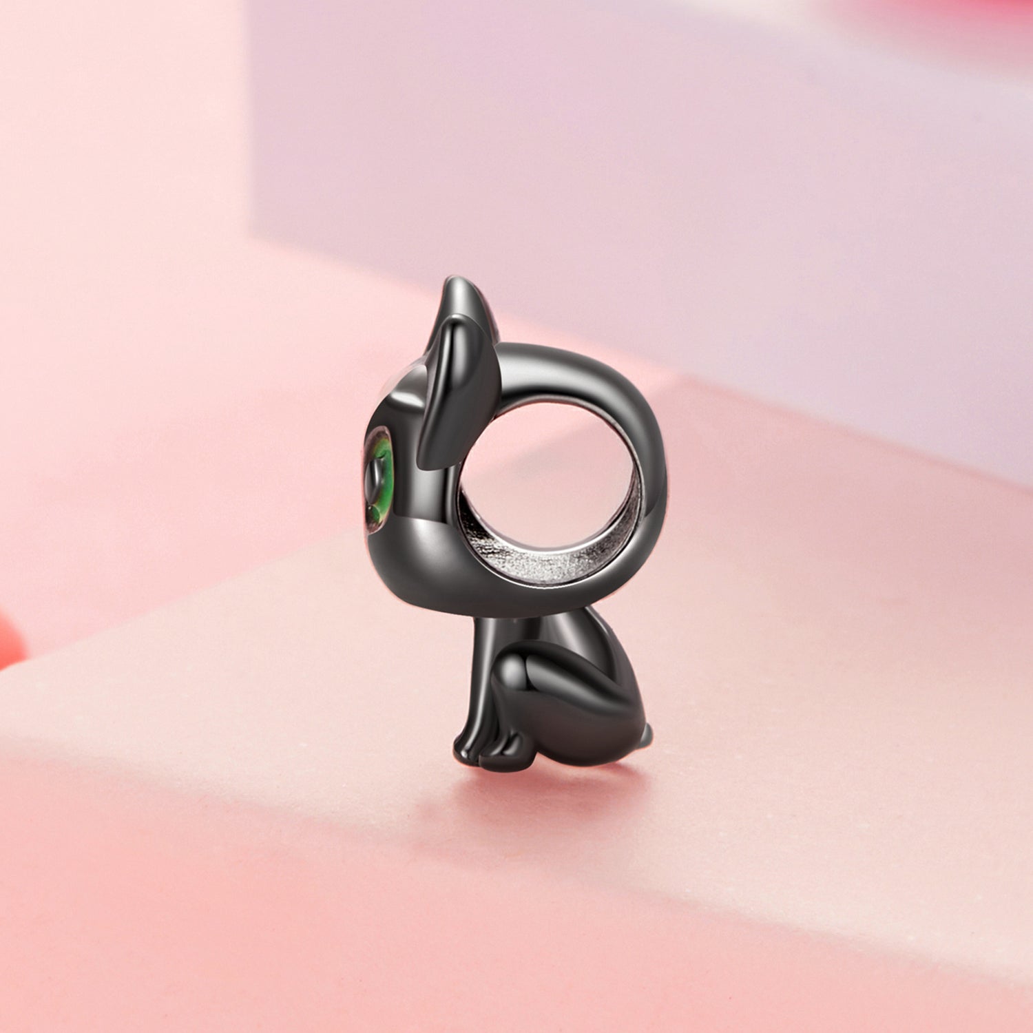 Silver Cat Charm with Green Eyes