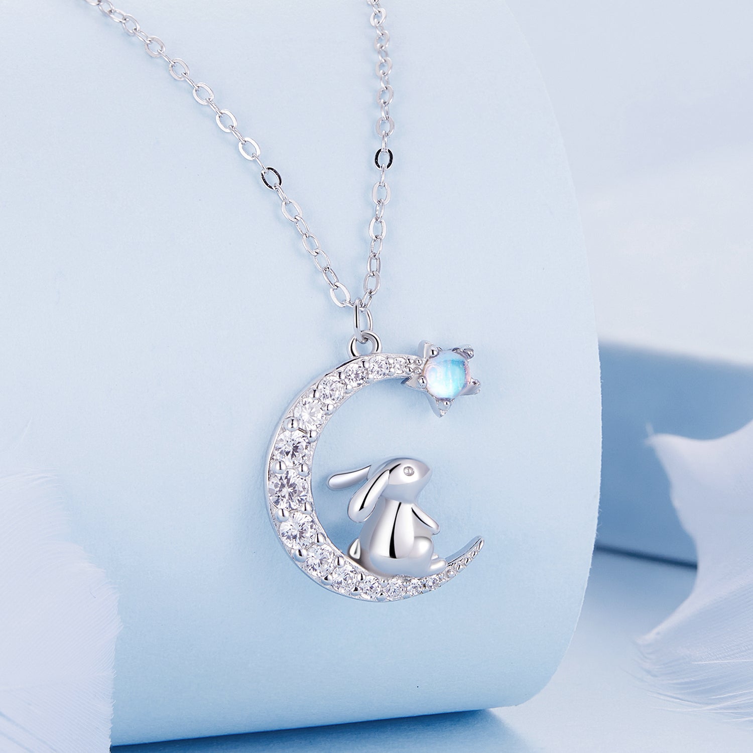 925  Silver Crescent Moon Necklace with a Gem-Studded Design and Rabbit