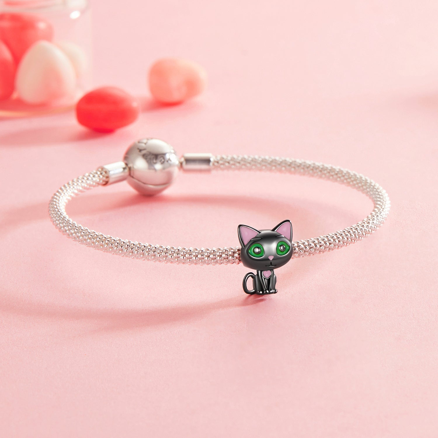 Silver Cat Charm with Green Eyes