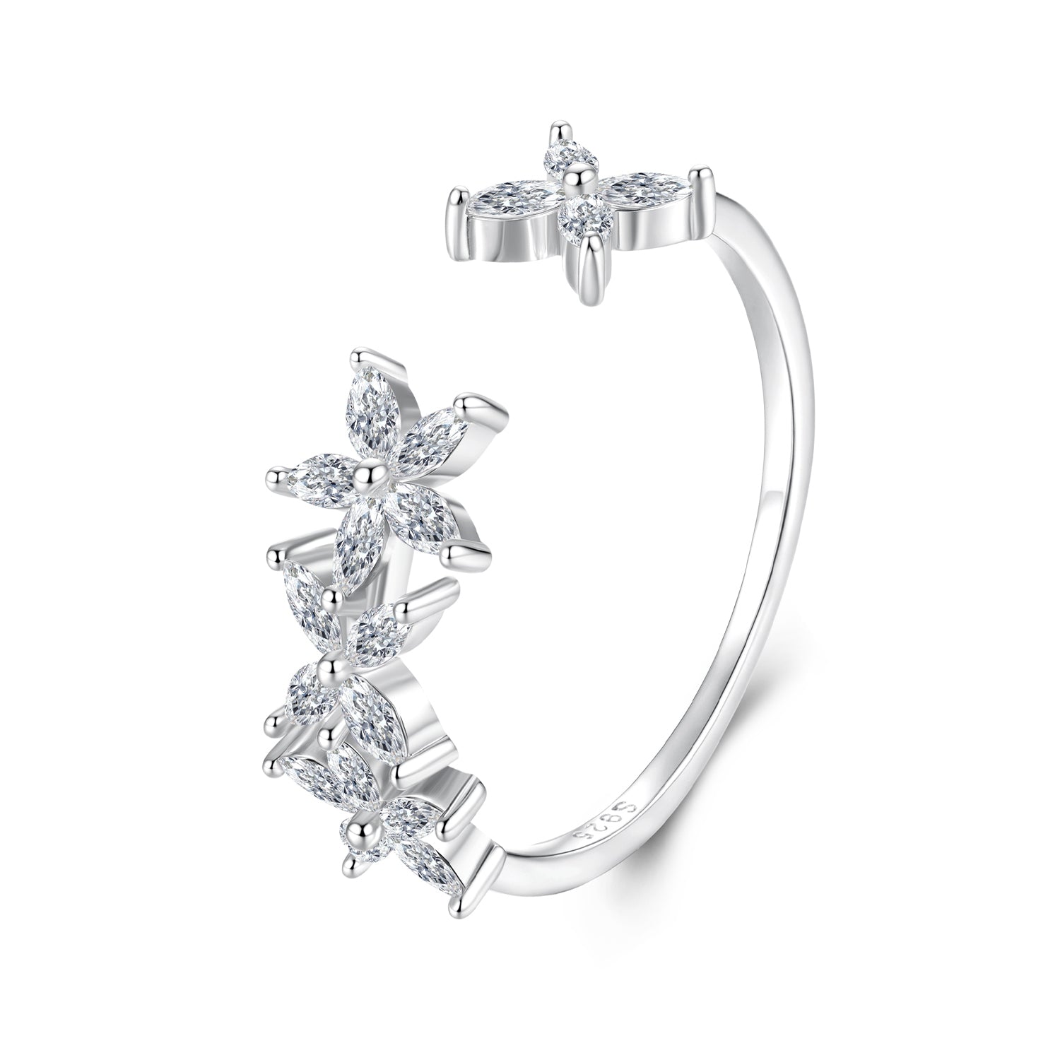 خاتم فضة عيار 925 بتصميم زهور مرصعة