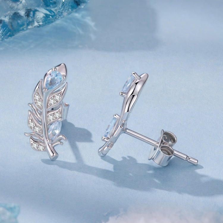 حلق فضة 925 ريشة بفص أزرق لامع