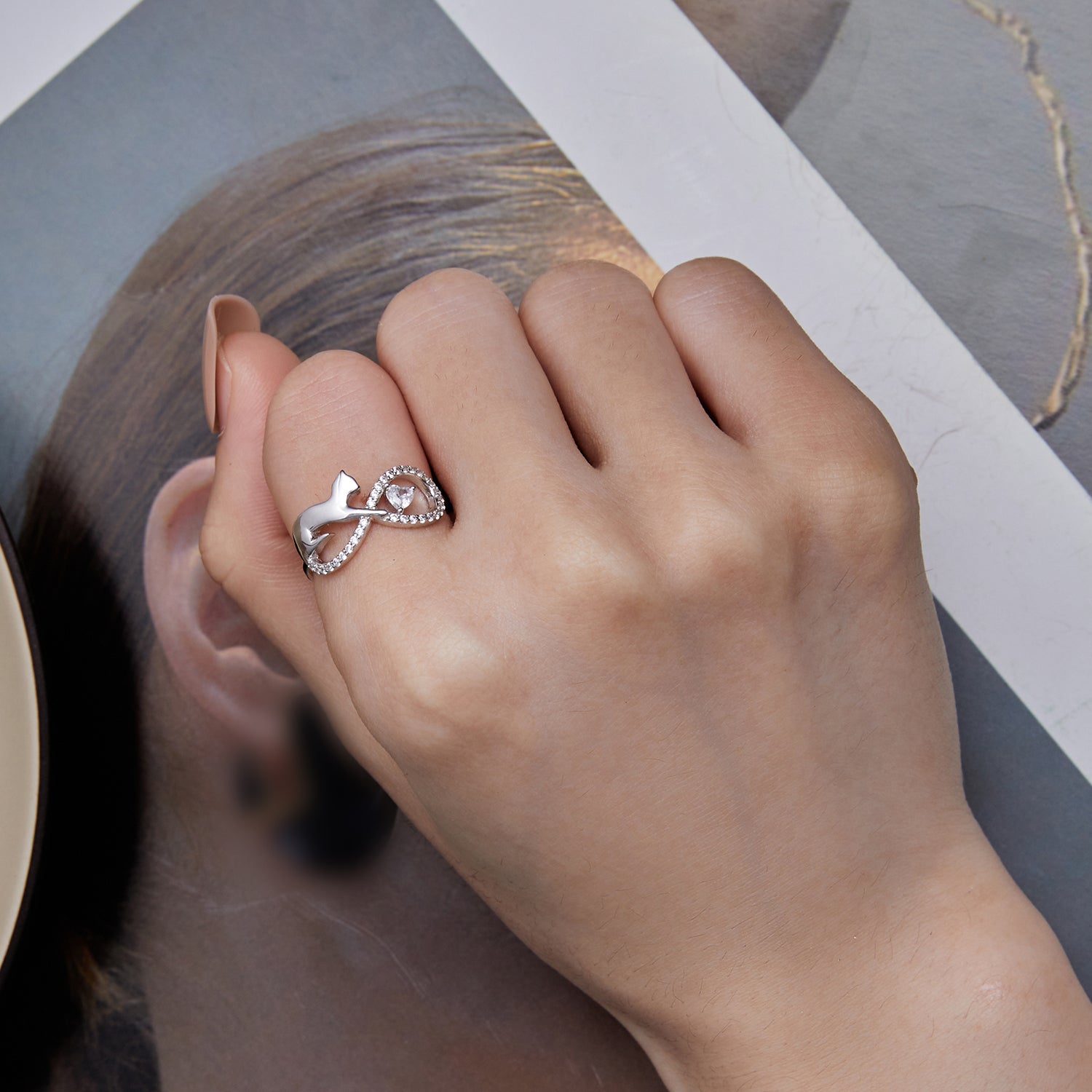 خاتم قطة أنيقة بتصميم لا نهائي فضة عيار 925