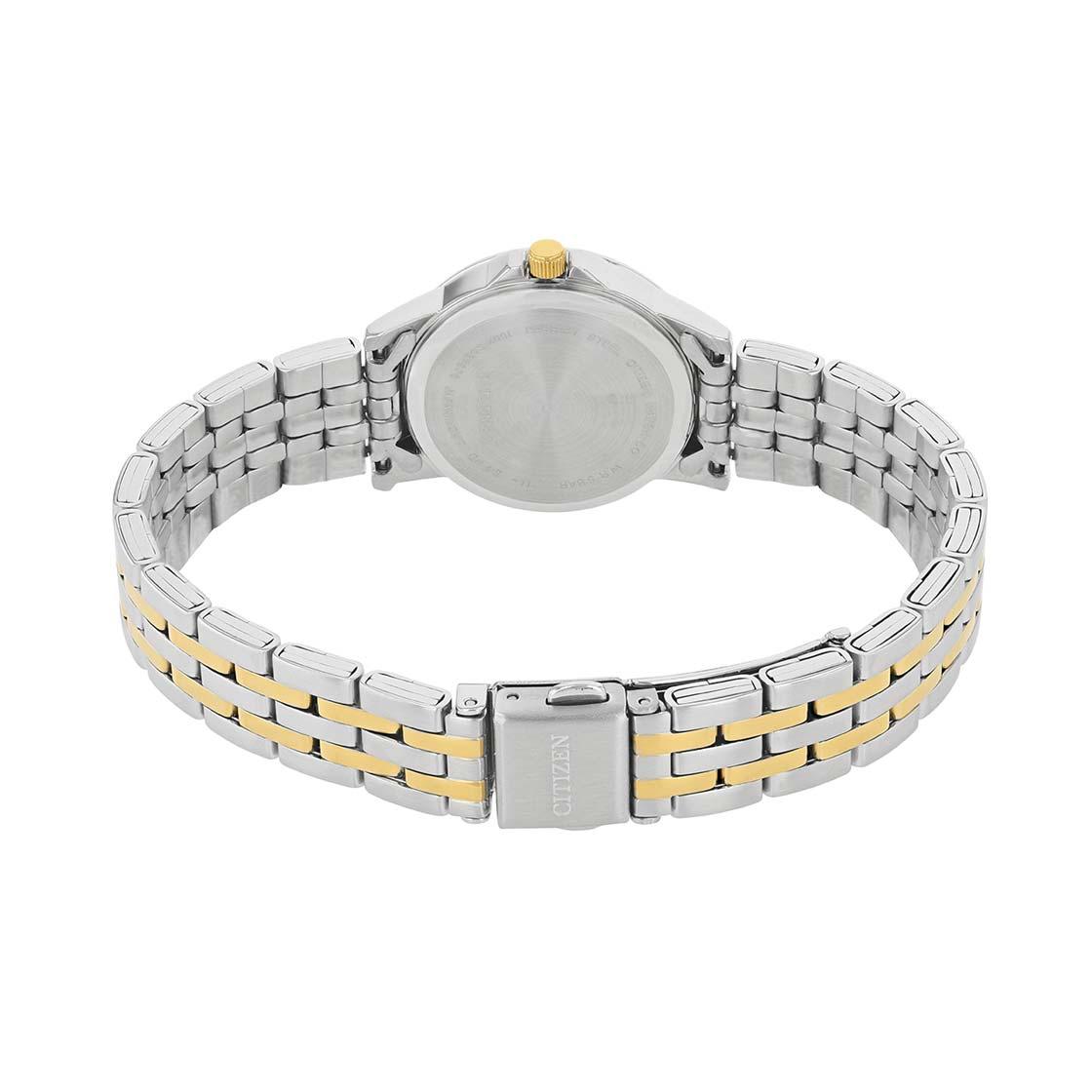 ساعة سيتيزن كوارتز للنساء بسوار من الستانلس ستيل بلون ذهبي وفضي وميناء فضي EQ0608-55A