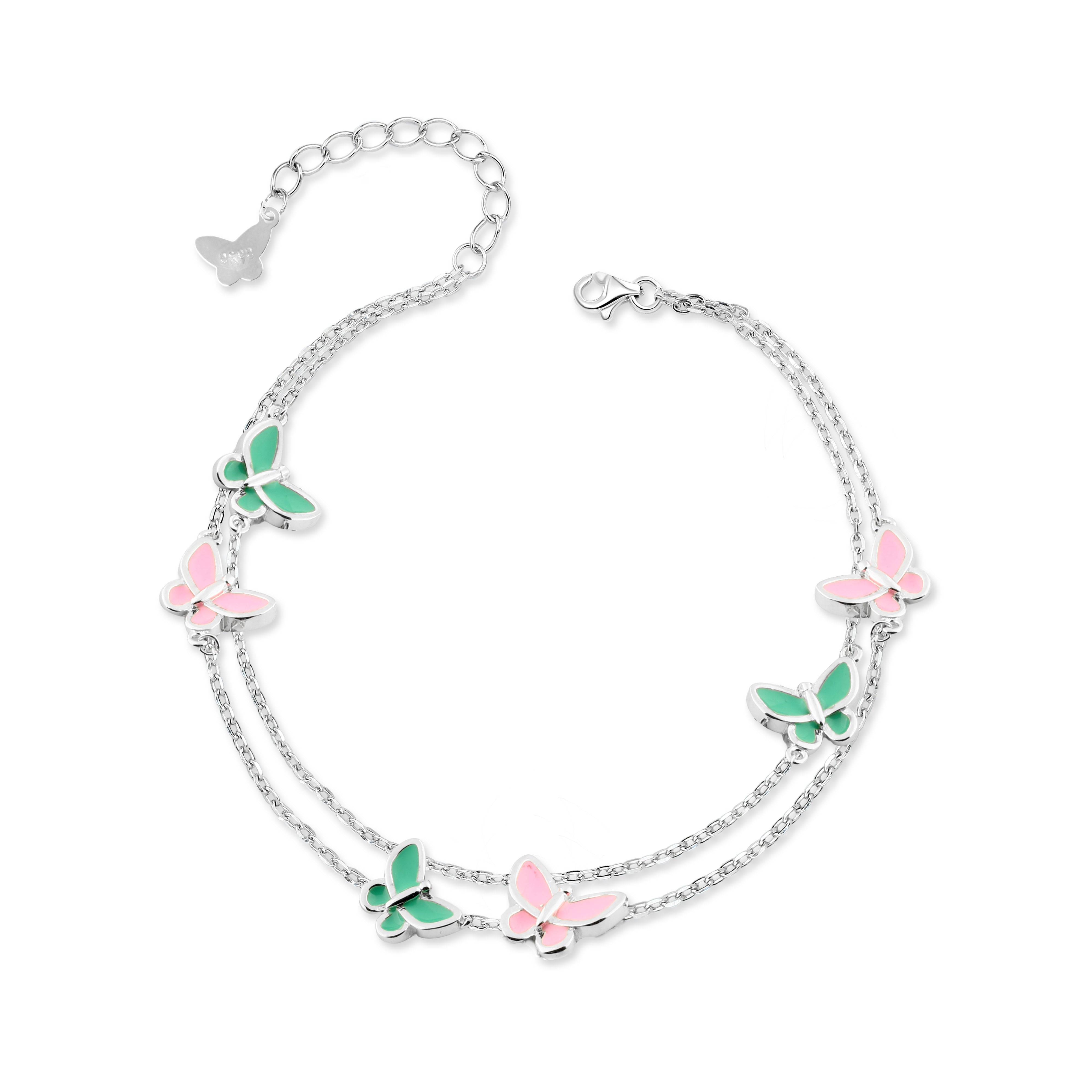 إنسيال فضة عيار 925 بتصميم فراشات وردي وأخضر