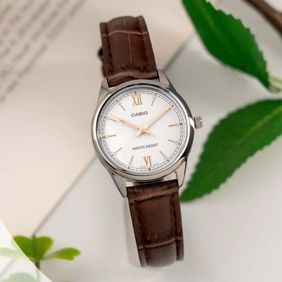 Casio Leather Brown White Dial Round Analog Watch for Women - LTP-V005L-7B3UDF