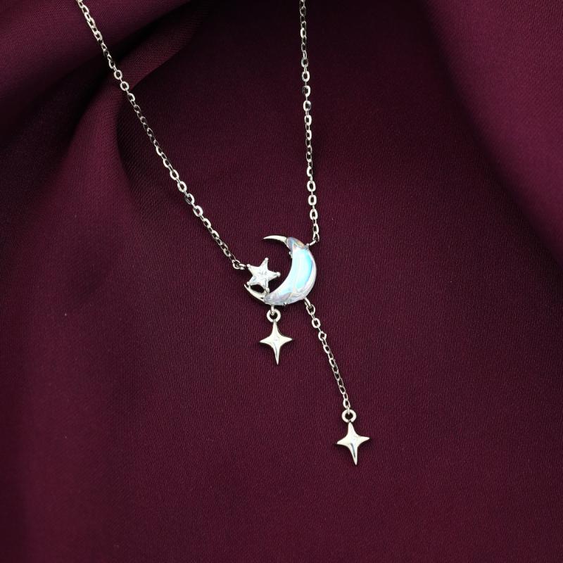 JNW080 - 925 Sterling Silver Crescent Moon and Stars Necklace
