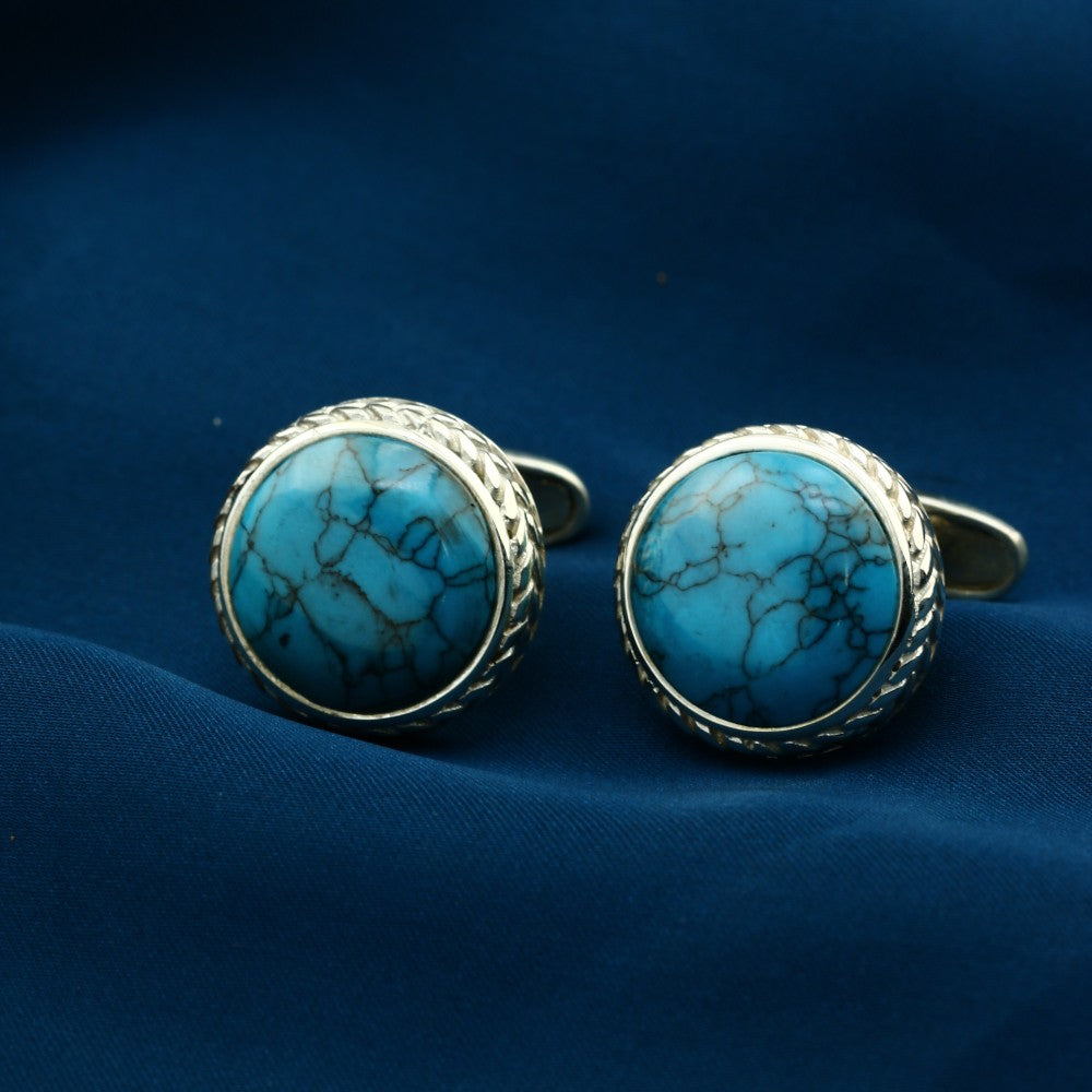 MCUF011-T - زرار بدلة رجالي فضة عيار 925 سادة بحجر من الفيروز