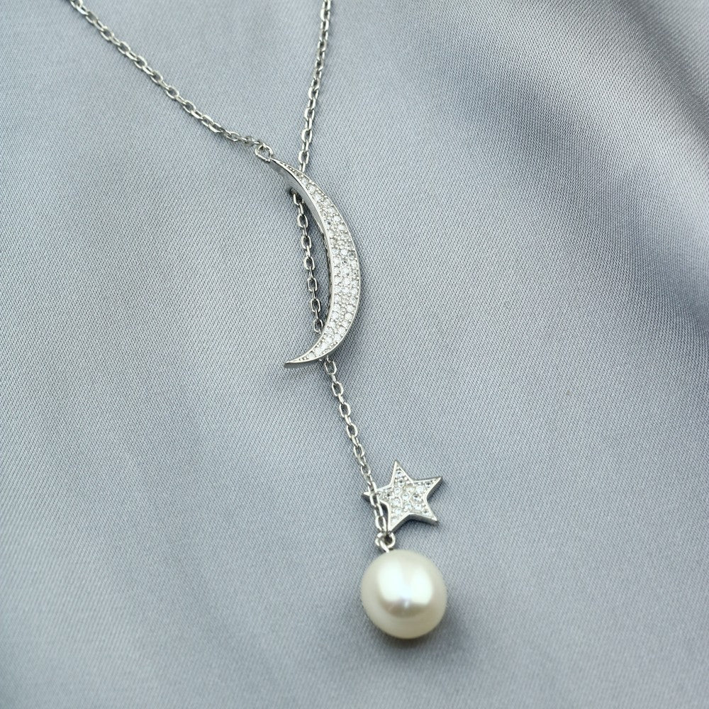 SPN015 - 925 Sterling Silver Crescent Moon and Star Necklace with Zircon Stones