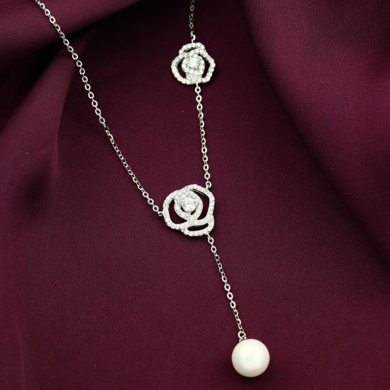 JNZ083 - 925 Sterling Silver Necklace with Zircon Stones and a Pearl Ball