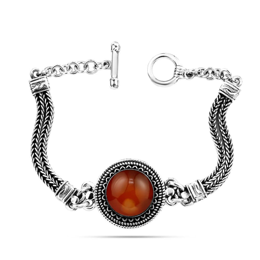 SBA011 - Women's Egyptian 925 Sterling Silver Bracelet Crowned with a Round Agate Stone