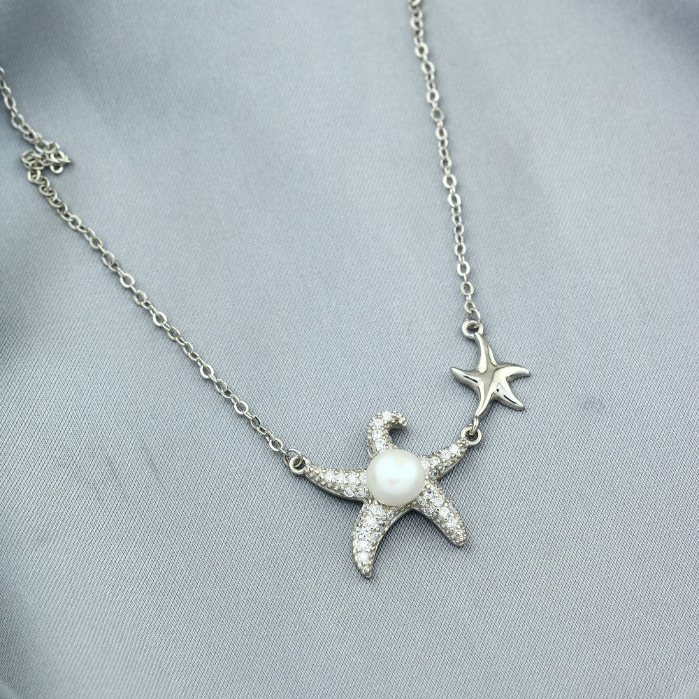 SPN023 - 925 Sterling Silver Necklace with Zircon and Oval Pearl Stones